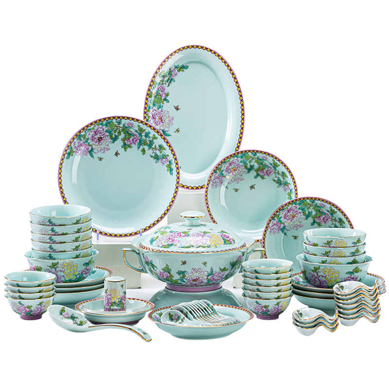 吉樂馳（JILECHI）盤子碗景德鎮(zhèn)中式復(fù)古牡丹花影青瓷餐具套裝碗碟盤套裝家用喬遷送 10人位錦繡牡丹·青瓷 68頭