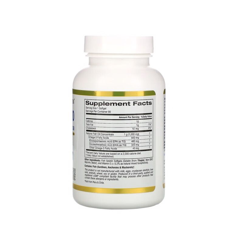 CALIFORNIA GOLD NUTRITIONOmega800超浓缩Omega-3鱼油鱼明胶软凝胶 炎性调节心血管健 90粒*1瓶