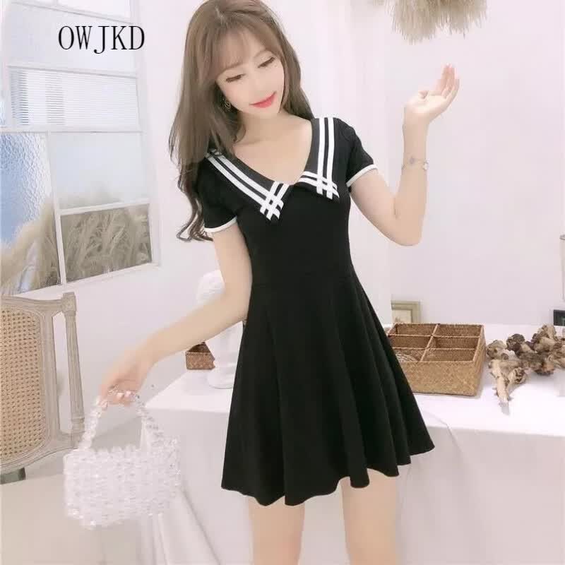 owjkd2024夏装新款韩版简约时尚显瘦休闲连衣裙女夏季裙子潮 黑色 s