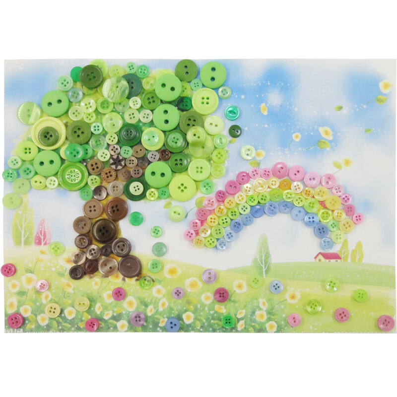 a4贴画儿童彩色纽扣粘贴画diy材料包幼儿园 a4彩色粘贴画画(彩虹大树)