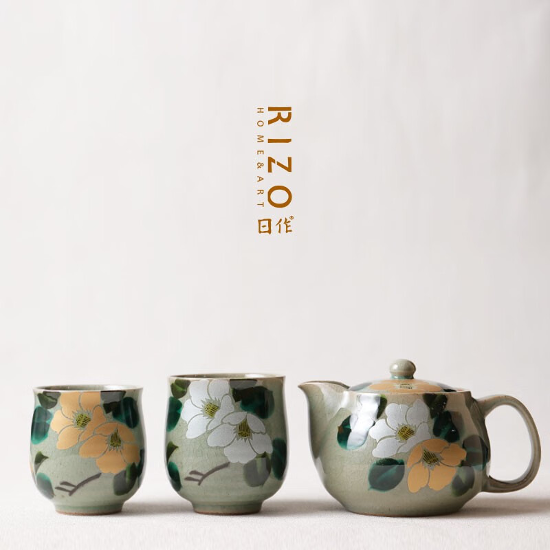 銀本舖 日本原装进口九谷烧套装 手绘花卉一壶两杯礼盒装 后手茶壶