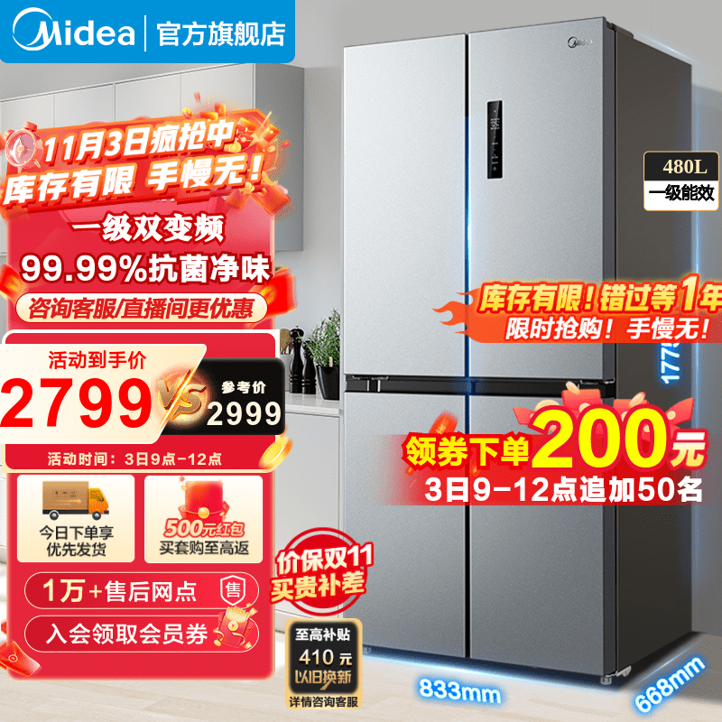 美的(Midea)480升冰箱四开门超大容量十字对开门一级能效变频风冷超薄囤货家用电冰箱 BCD-480WSPZM(E)榭湖银高性价比高么？