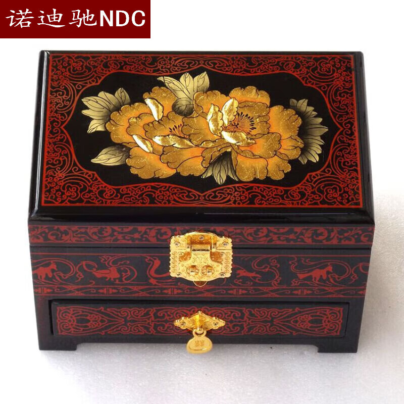 诺迪驰首饰珠宝箱复古平遥推光漆器首饰盒木质带锁梳妆盒结婚新娘实木