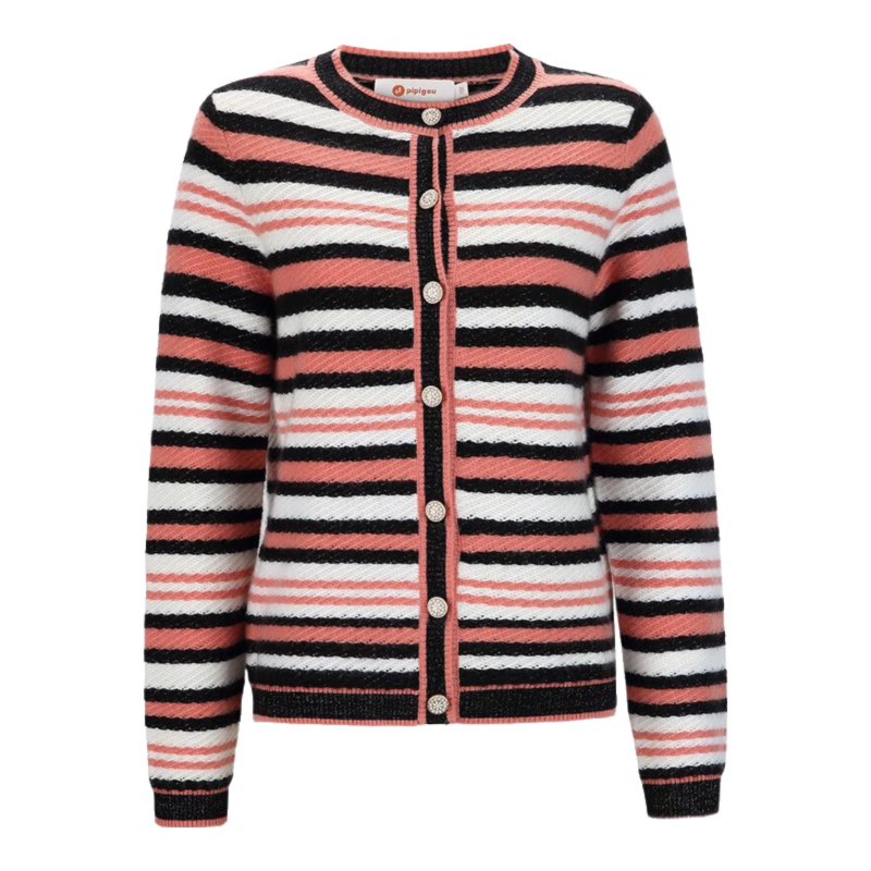 皮皮狗 秋冬新品 羊絨衫女圓領(lǐng)撞色條紋休閑加厚羊絨開衫毛衣外套女 彩條100 XL 170/92A