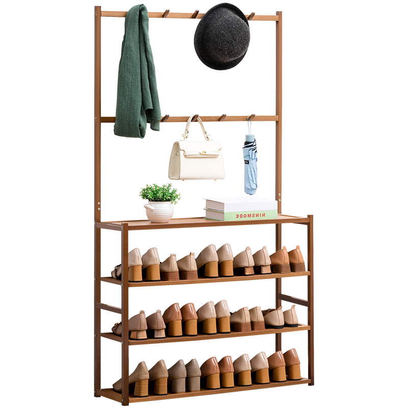 木马人 家用入门现代简约实木鞋柜多层防尘宿舍客厅玄关简易鞋架门口鞋柜衣帽一体经济型鞋凳收纳组合柜子 【双排挂钩】茶色-四层51长
