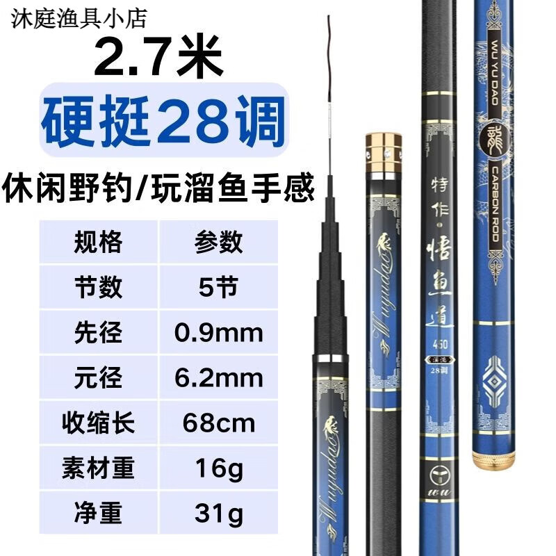 悟鱼道短节鱼竿便携手竿2024新款溪流竿28调19调手杆超轻硬野高碳钓鱼竿 7m 2.7m 便携硬挺28