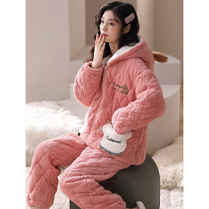 芬腾【清仓】情侣珊瑚绒夹棉睡衣女士冬季三层加厚男抗静电家居服套装 FJ2491097粉红【单女款】 2XL 建议:女142-160,男166-185斤