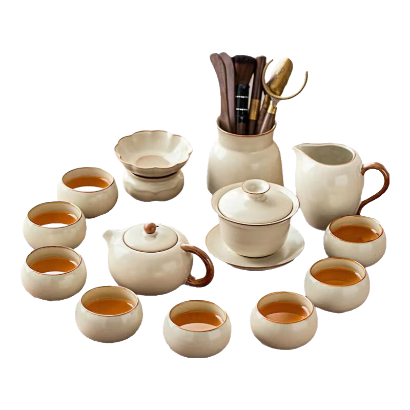 唐豐米黃汝窯茶具整套家用簡約高檔陶瓷功夫泡茶壺蓋碗茶杯帶茶盤套裝 素語西施壺13頭+天元五件套