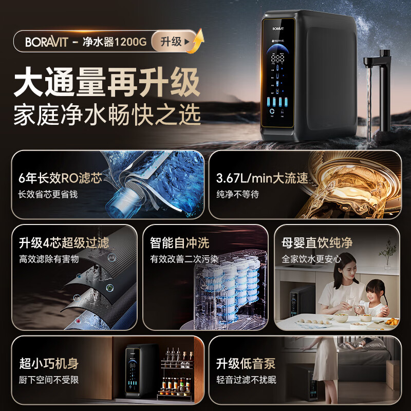 BORAVIT勃朗【25年旗舰款】净水器家用净水机加热直饮一体净饮机厨下式ro反渗透星河1000g系列管线机套装 【全屋3件套】顶配1200G净水+管线机+前置