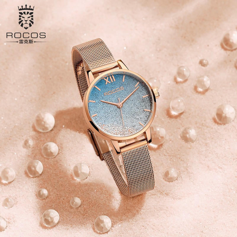 rocos品牌新款小众ins风超薄轻奢女士手表女生腕表皮带防水送礼物 玫
