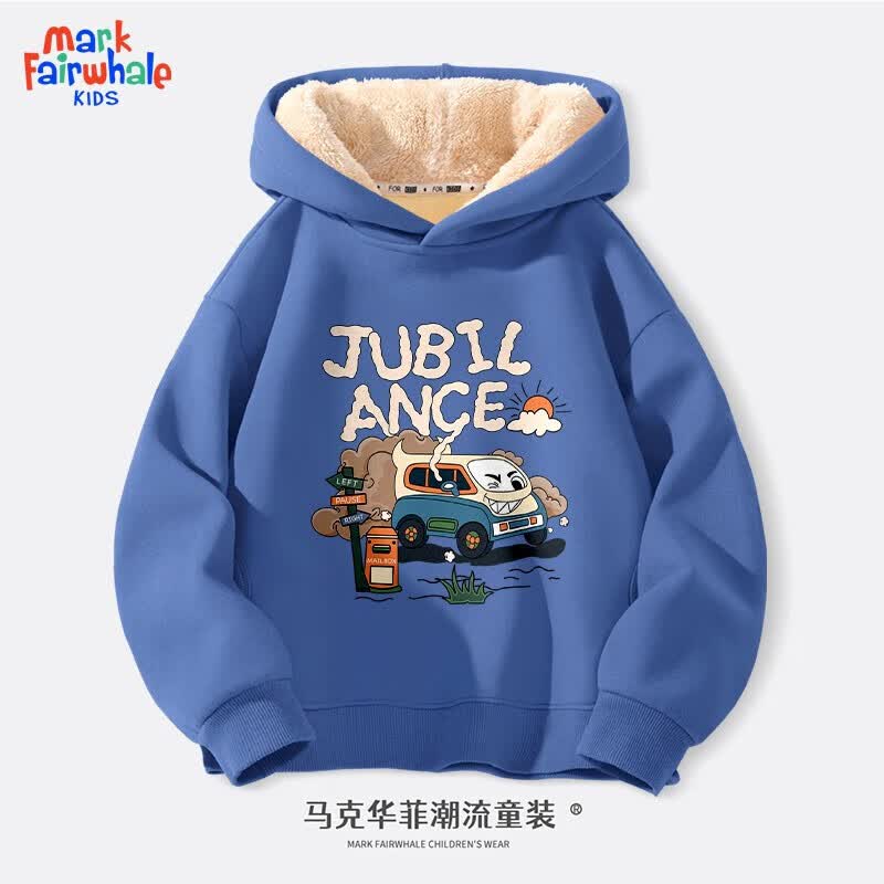 马克华菲儿童连帽卫衣加绒冬季2023新款时尚女孩衣服宽松加厚保暖男童冬装 玩具车靛蓝 150怎么看?