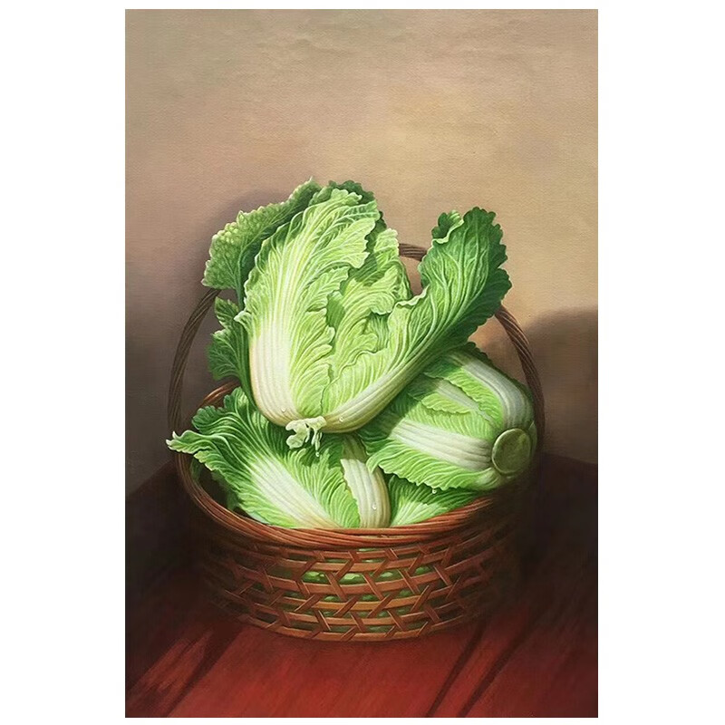 艺幻新款新中式客厅手绘油画超写实大白菜装饰画餐厅玄关墙壁竖版静物