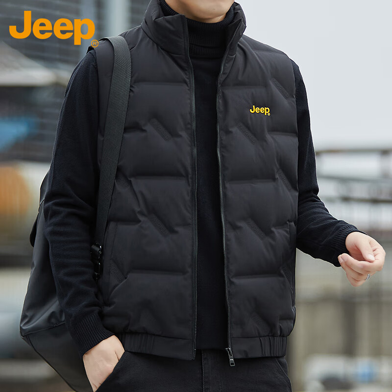 吉普（JEEP）羽絨馬甲男冬季加厚保暖外套男士休閑背心衣服男裝 黑色 L 