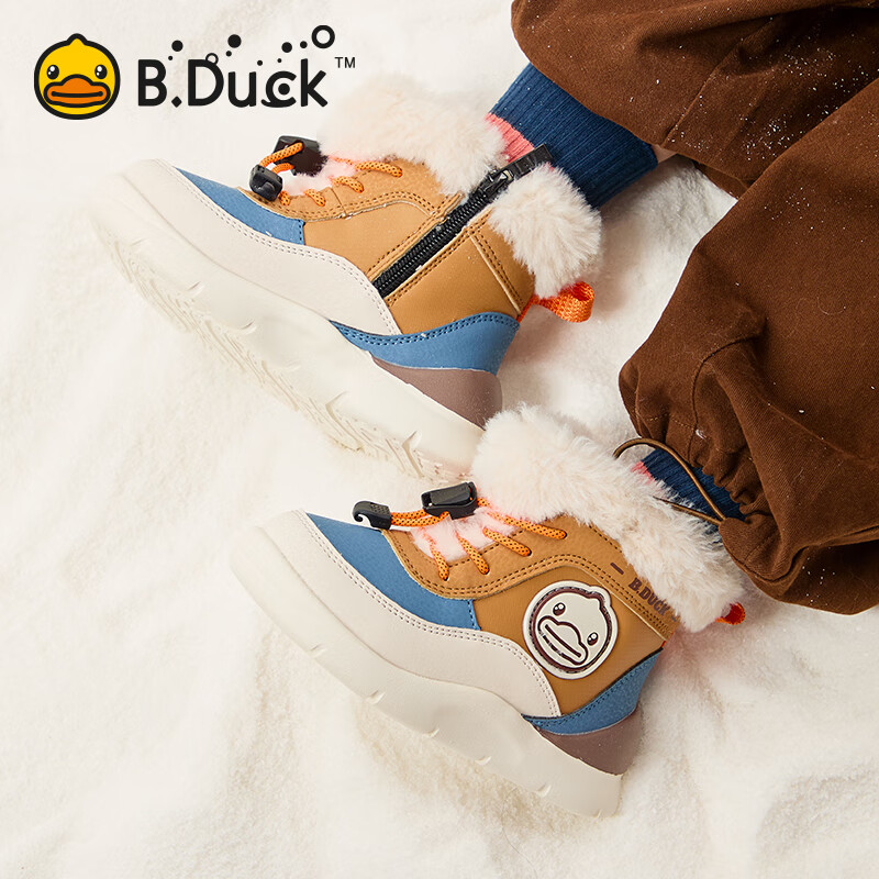 B.Duck小黄鸭童鞋男女童雪地靴加绒冬季儿童棉鞋保暖宝宝 棕米蓝 30 码 适合脚长18.2-18.7cm