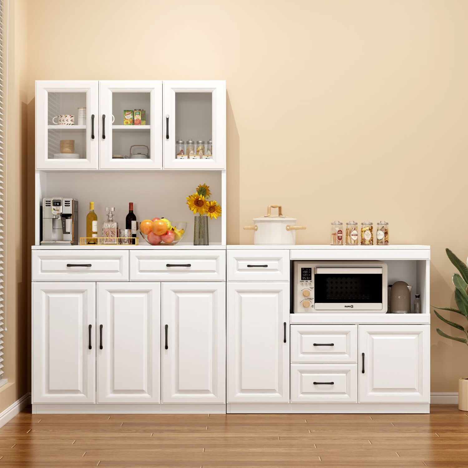 奢概念2025新款餐边柜一体靠墙高低柜子简易茶水柜客厅置物柜厨房储物柜 B款高级灰+暖白 现货即发 送货入户