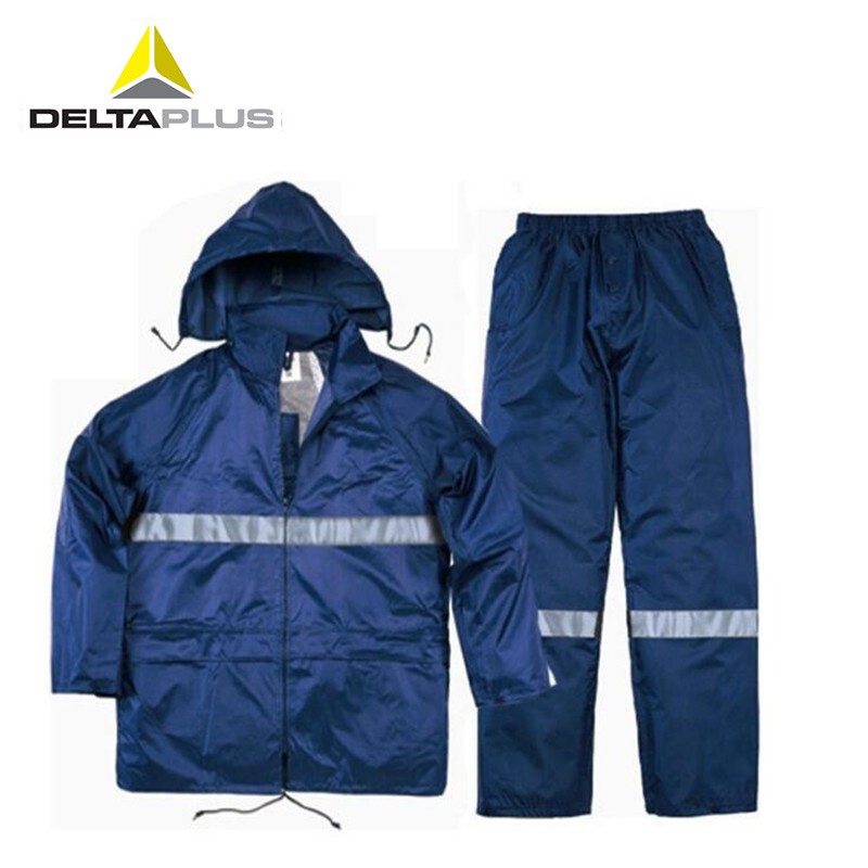 代尔塔Deltaplus 407004 带反光条分体式涤纶雨衣套装 定做PVC涂层透气内置防风挡片 藏青色XL码 1套