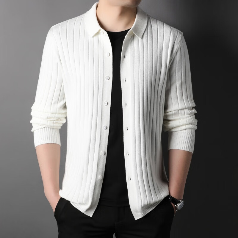 银雪龙新款开衫男毛衣外穿针织衫男士线衫纽扣感秋装外套潮 白色 105