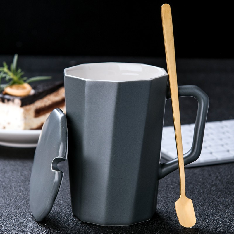 布丁瓷艺 创意欧式马克杯男女陶瓷水杯 个性带盖带勺咖啡杯潮流家用办公室杯子 银灰色
