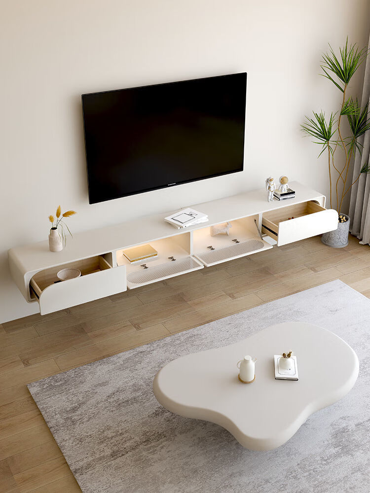 策友法式奶油风悬空壁挂式电视柜极简悬挂式悬浮侘寂风电视机柜吊柜