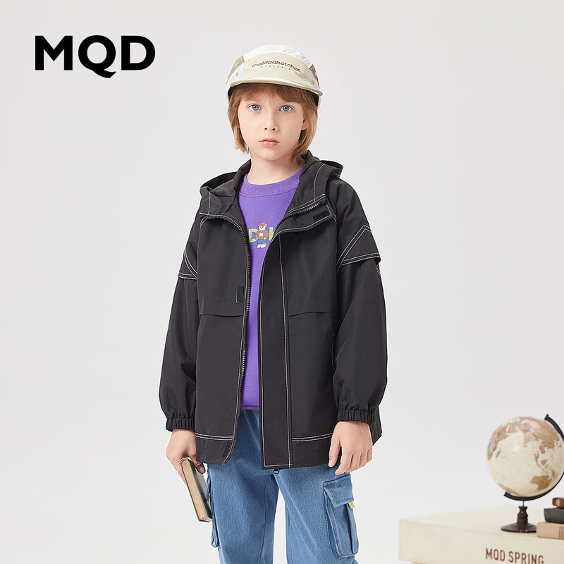 MQD童装男大童2023年秋季潮酷休闲连帽风衣 黑色 110