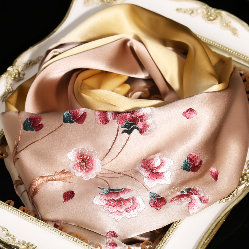 希伯帝奥品牌丝巾女真丝桑蚕丝春秋苏绣刺绣海棠双层小披肩苏州丝绸