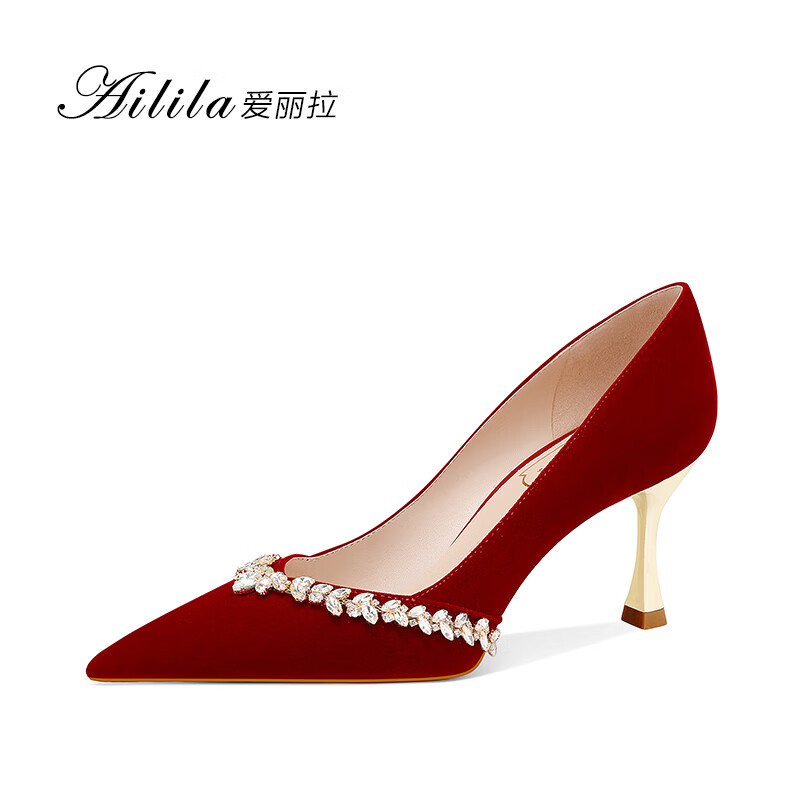 爱丽拉（AiLiLa）官方 中式婚鞋女秀禾服新娘鞋红色高跟鞋婚礼宴会订婚敬酒鞋单鞋 酒红色 7cm 40