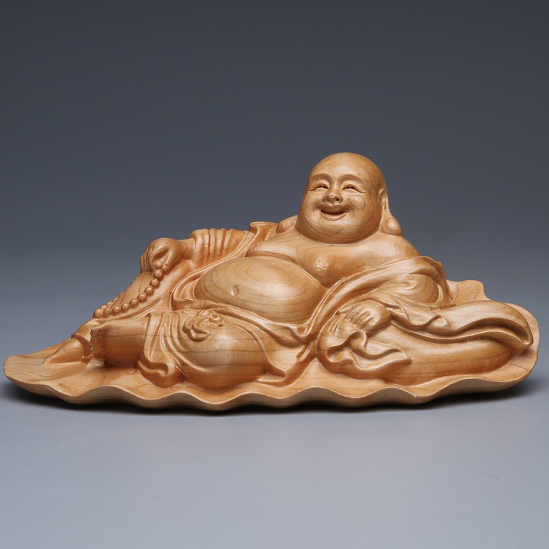 帝兰慕崖柏荷叶弥勒佛车摆件木雕手工摆件木工艺品汽车车内摆件荷