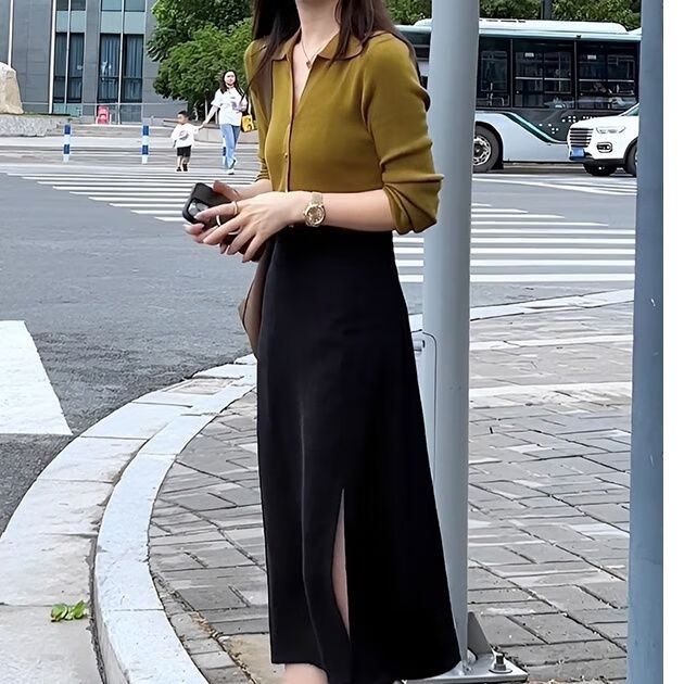 c小个子坏女人纯御开叉半身裙a字裙黑色中长1款高臀裙春秋装女 黑色