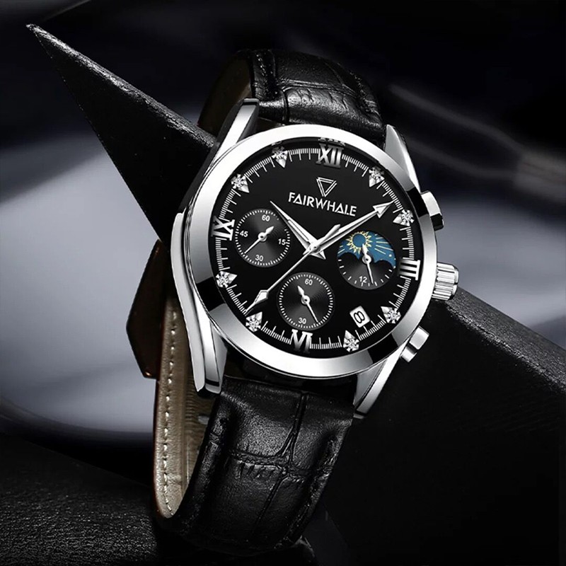 手表男士国潮多功能石英男表镶钻商务休闲夜光防水名牌学生腕表 铱乔