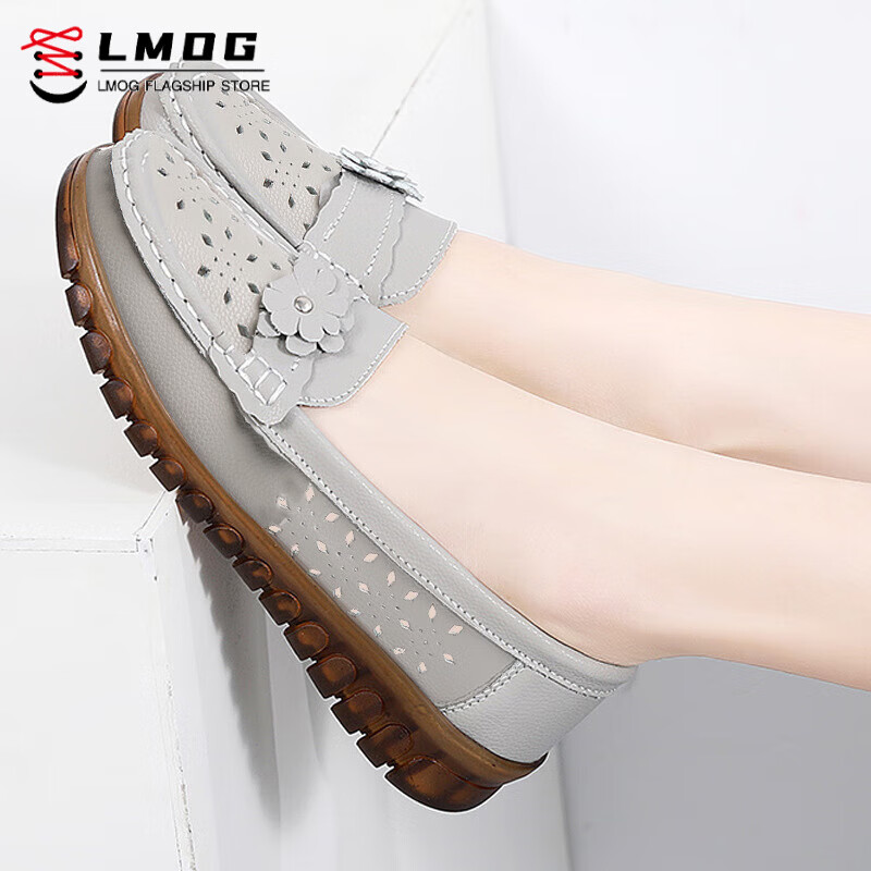 FSAT时尚小皮鞋女士软底休闲春秋单鞋2024新款平底妈妈鞋牛筋底工作鞋 灰色镂空款 41 京东折扣/优惠券