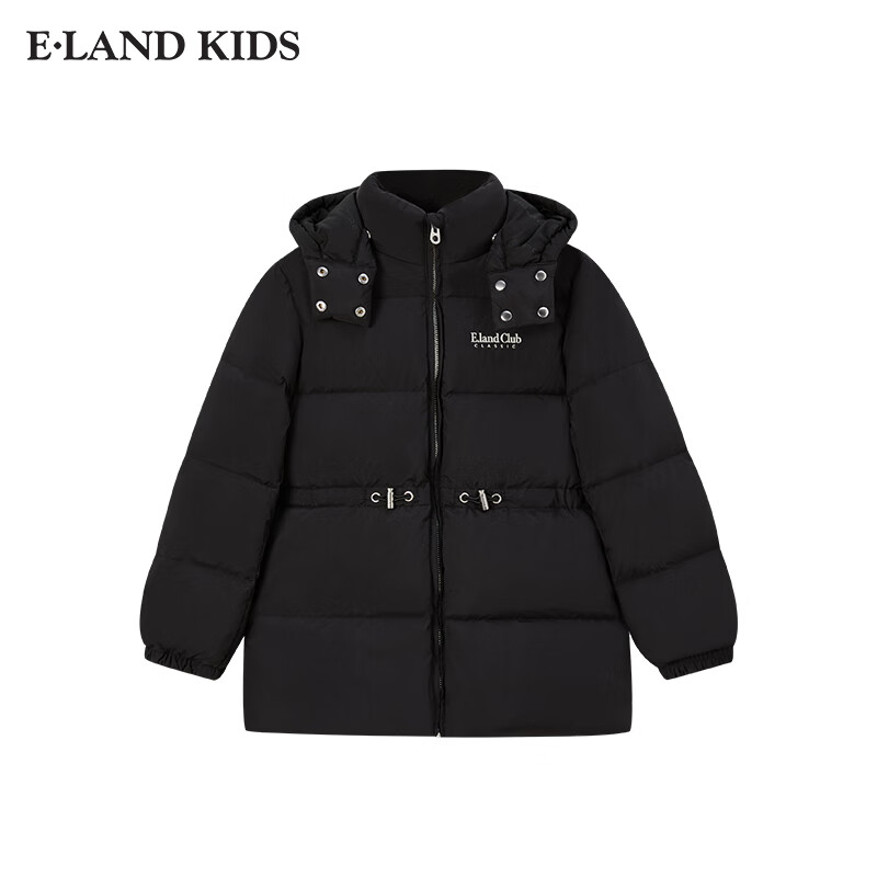 E·LAND KIDS衣恋女童羽绒服冬季新品刺绣拉链连帽 Black黑色/19 160 (S)