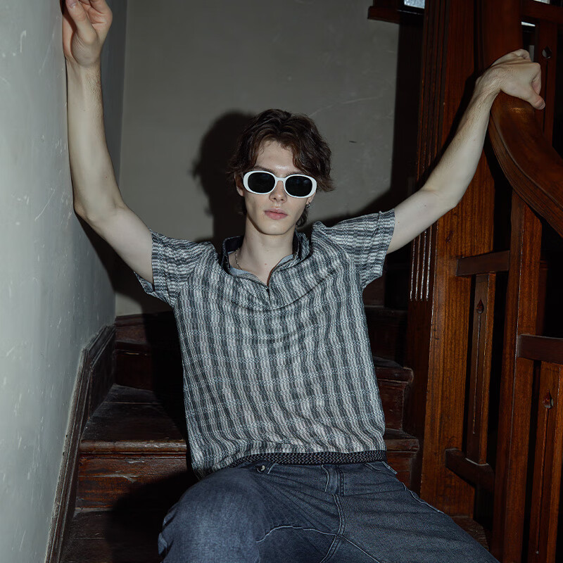 andrew mackenzie夏季竖条纹潮流翻领短袖polo衫商务休闲男装 灰色 46