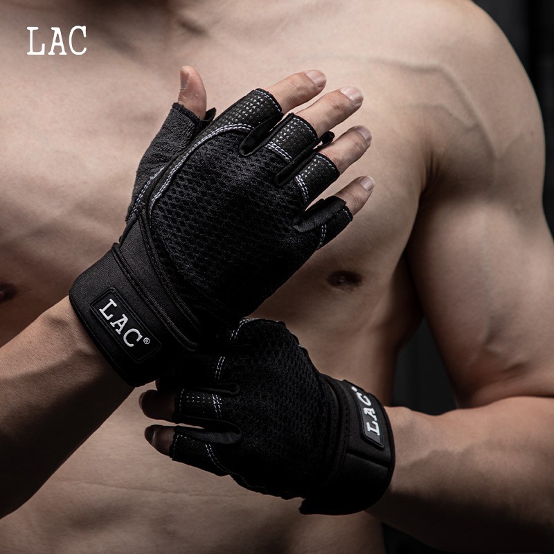 LAC健身手套 器械训练 耐磨防滑 运动手套 骑行手套加长护腕 改进版 黑色L码