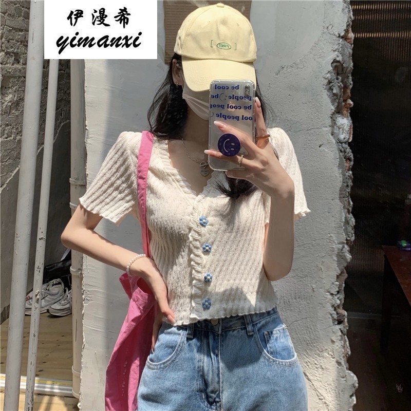 v领纯色短袖短款t恤女网红炸街辣妹穿搭夏天衣服女生小个子温柔系女士