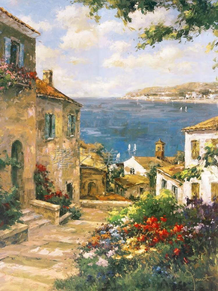 欧美古典油画玄关挂画走廊装饰画竖版欧美风景油画地中海 喷绘画芯