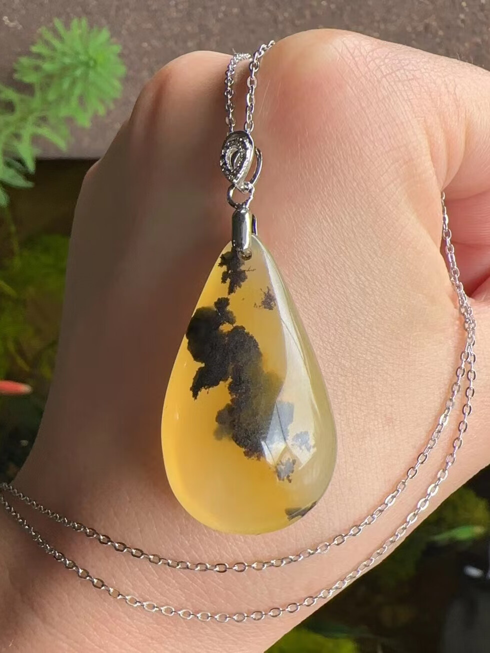 宝钰(k&k)云南黄龙玉冰种水草花水滴925银锁骨吊坠挂件证书