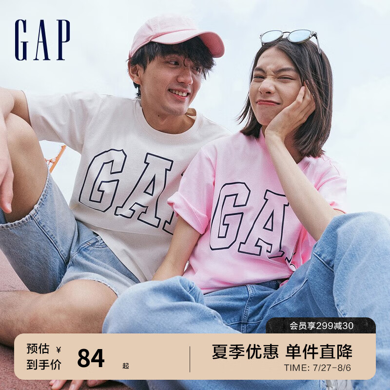 Gap男女装夏季LOGO字母纯棉短袖重磅T恤809021美式复古水洗棉 灰白色 175/88A(XS)