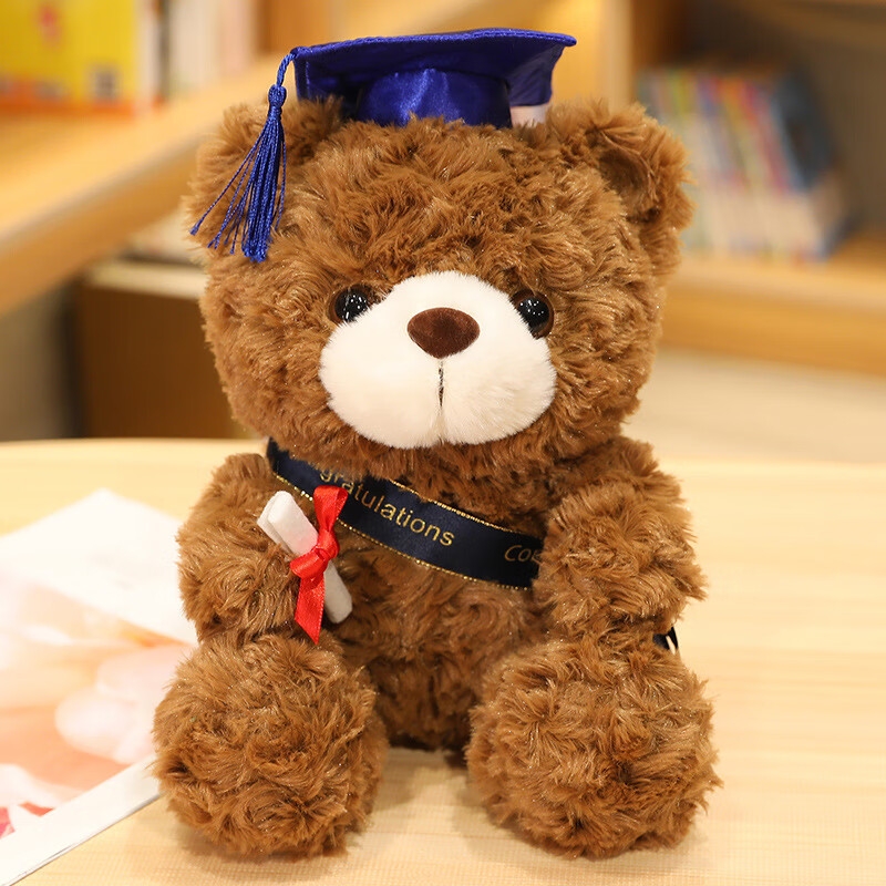 吉吉熊（JIJIXIONG）毕业熊戴博士帽小熊博士熊毛绒玩具泰迪熊公仔布娃娃学校纪念礼品 博士熊X2153-蓝帽子-深棕 23厘米+礼品袋
