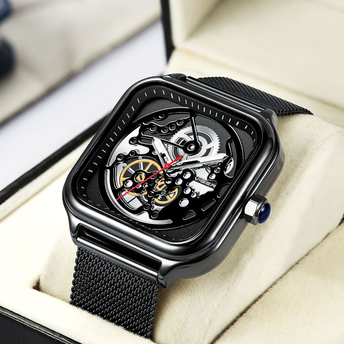 瓦格经典方形镂空商务男表休闲运动石英手表