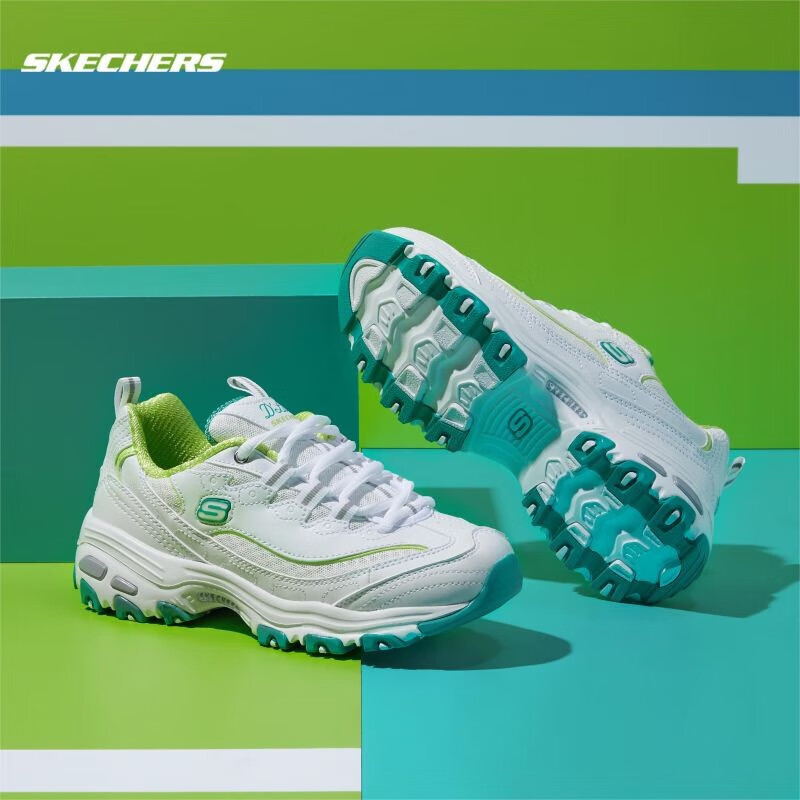 斯凯奇（Skechers）女鞋秋季白色熊猫鞋增高休闲鞋子透气运动鞋 99999863-WGR 白色/绿色 36.5