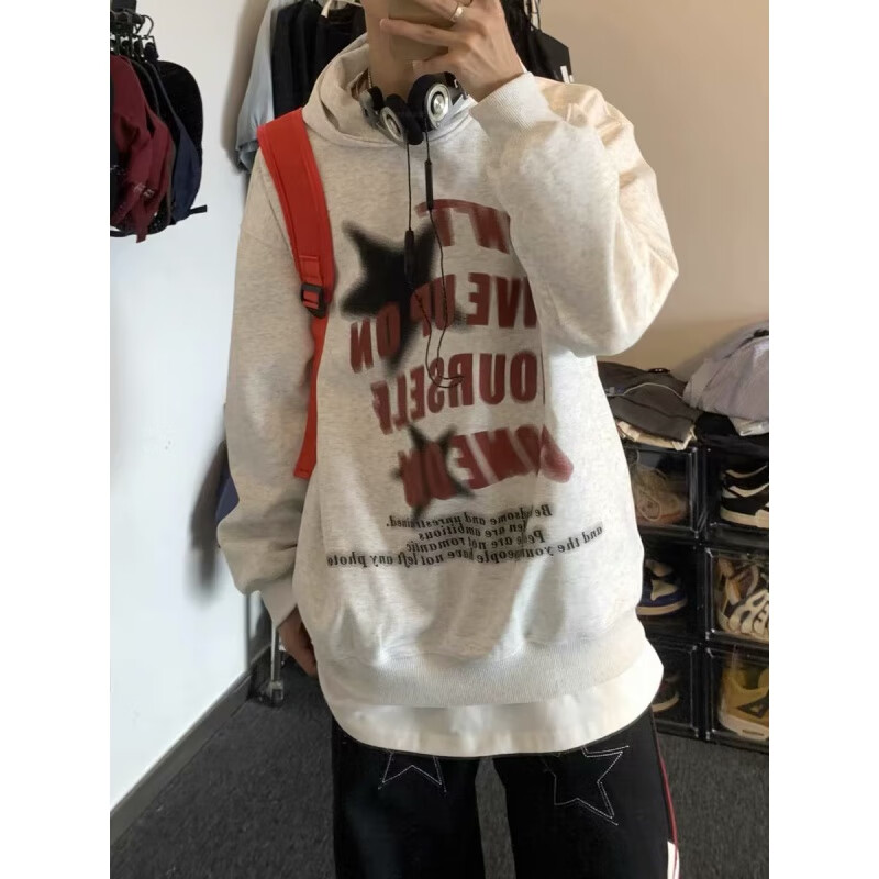 黑盒白秋冬季连帽卫衣男装美式高街印花潮牌加绒保暖情侣长袖上衣外套男 XXJR-WR485灰色 加绒 XL 【125-140斤】