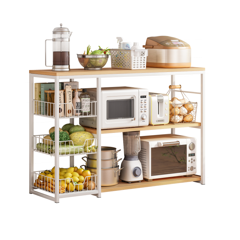蔓斯菲尔 置物架厨房收纳落地多层微波炉烤箱置物架多功能菜篮子碗碟收纳架 赛杉木+白带柜门款100CM