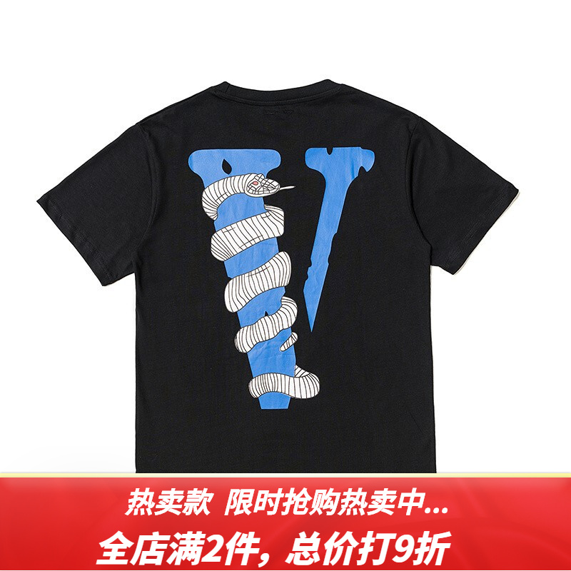 香港潮牌VLONE LIFE 2021夏季新款白蛇缠绕蓝大V印花男女情侣款圆领短袖T恤男 黑色 XL