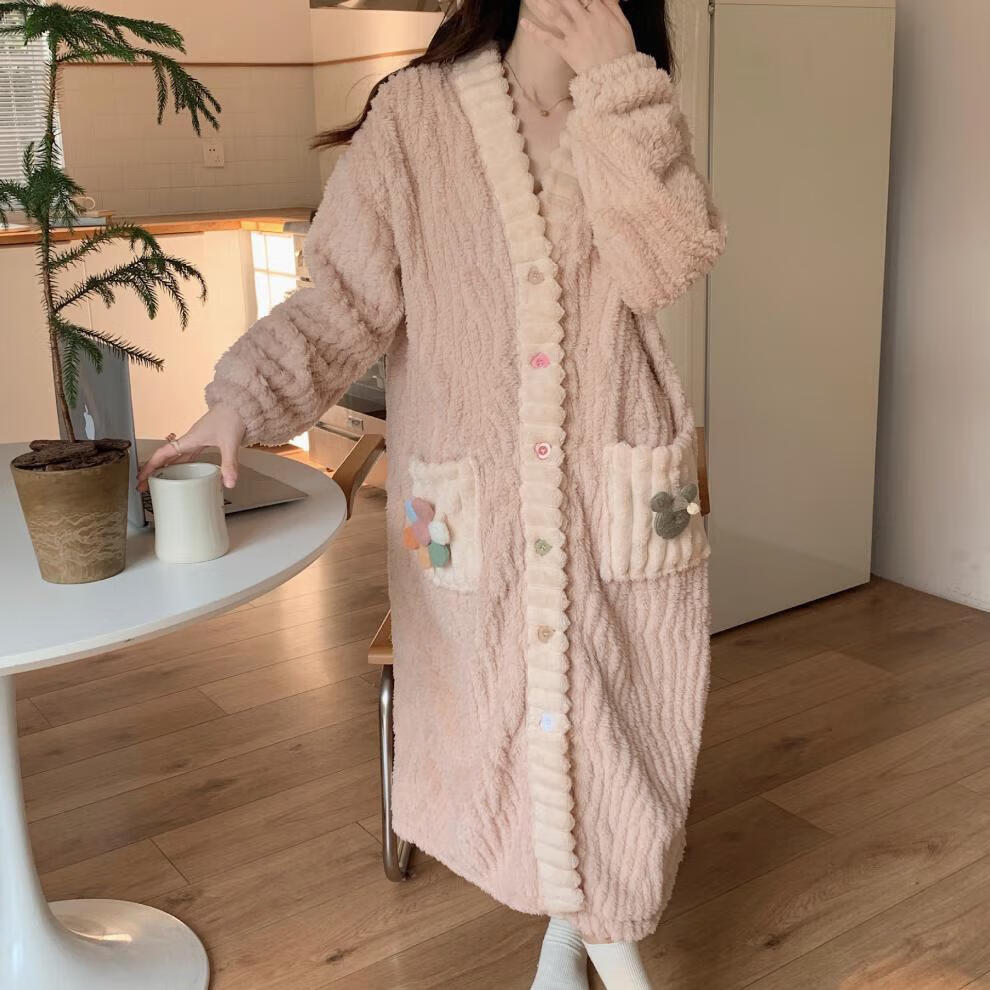 诗莉奥（SHILIAO）加厚睡袍卡通长款可外穿家居服睡衣女冬季睡袍加厚冬天可爱浴袍 粉色彩虹花朵睡袍 均码 (建议80-160斤)