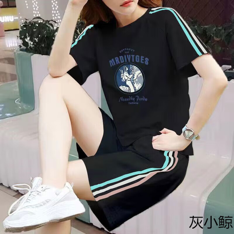 邦菲尔纯棉休闲运动服套装女夏季新款大码宽松学生短袖短裤两件套潮 单件白色三色上衣字母 4XL 建议160-180斤