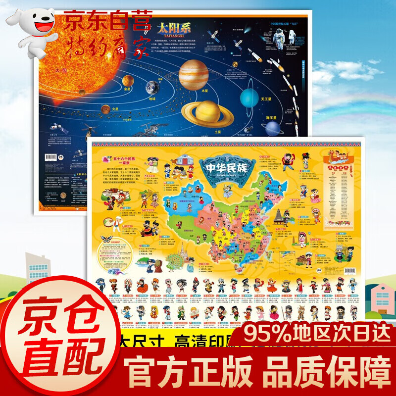 少儿地图系列：中国地图+世界地图+南极北极+海洋动物+史前动物+太阳系+中华民族+珍稀动物+世界鸟类 (2张)太阳系+中华民族