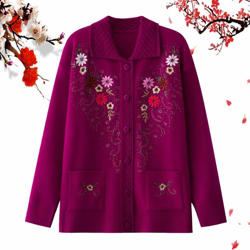 婵栩毛衣女士开衫奶奶春季薄款外套奶奶衣服老太 八角花-方领-紫色-不