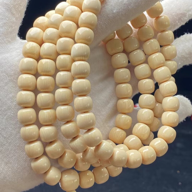 伊甸之星猛犸象牙原色手串 108颗奶油黄猛犸牙冰料满纹圆珠老型桶珠