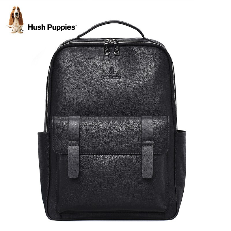 暇步士（Hush Puppies）双肩包 男大容量商务休闲电脑包旅行背包潮流时尚牛皮包 黑色