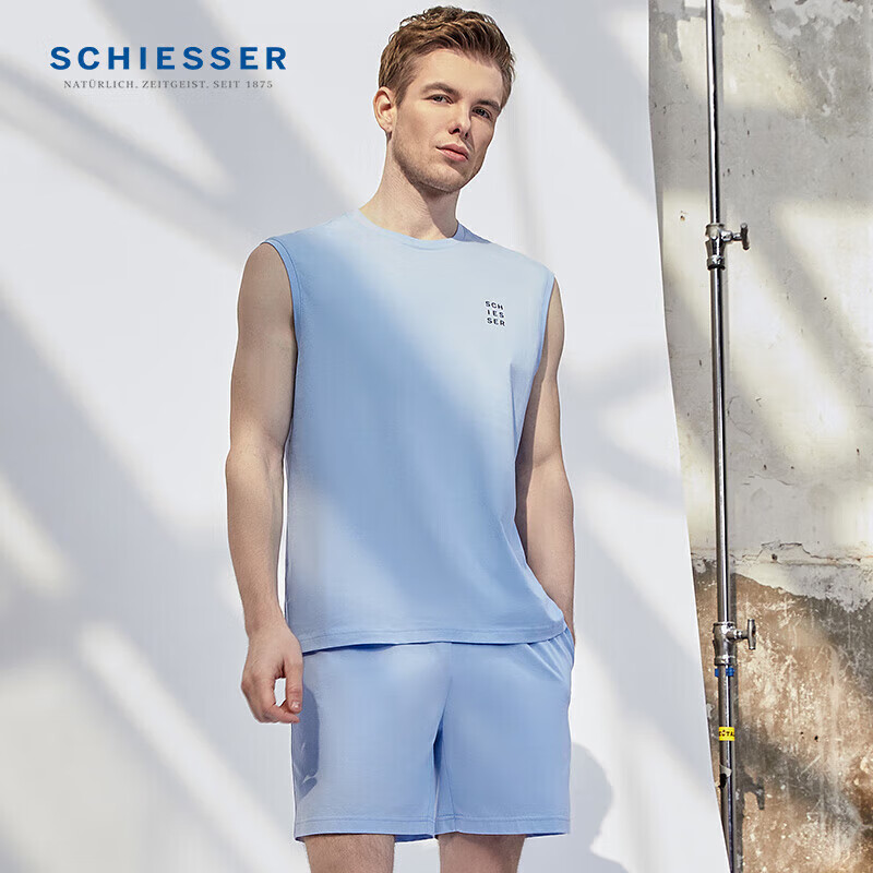 Schiesser舒雅男士纯棉运动背心短裤家居服套装E5/21216H 中蓝7801 XL 